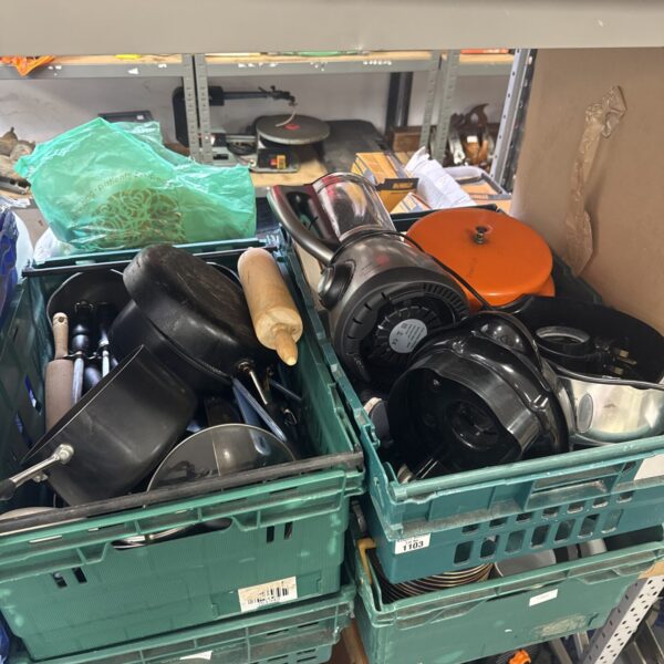 Mixed kitchenware lot in a green crate, house clearance items.