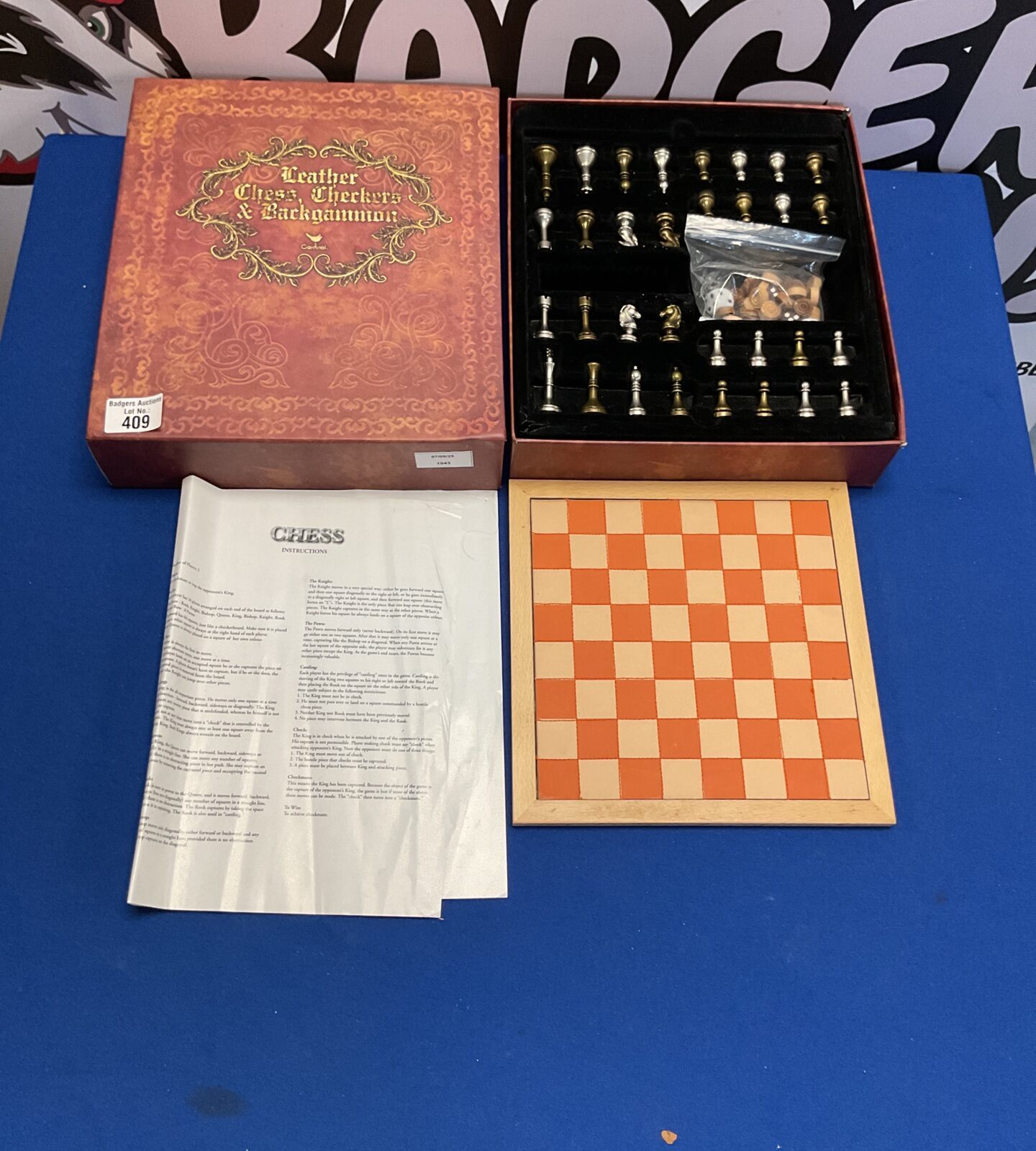 Boxed cardinal leather chess, checkers and backgammon set