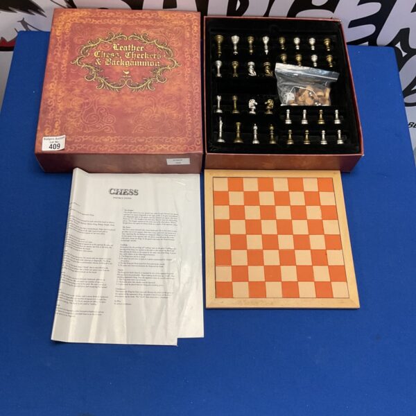 Boxed cardinal leather chess, checkers and backgammon set