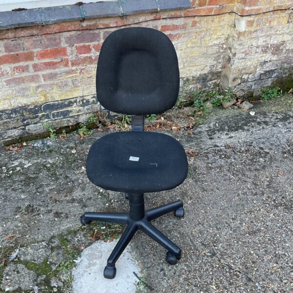 Black office chair with swivel base and curved backrest.