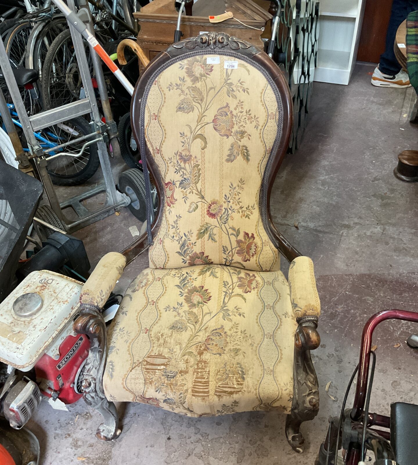 Antique balloon back nursing chair with floral fabric