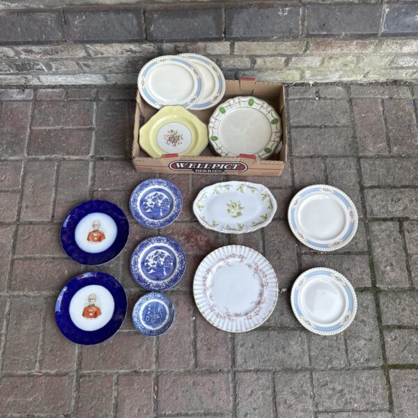 Assorted vintage plates including Wood & Sons and Royal Albert designs.