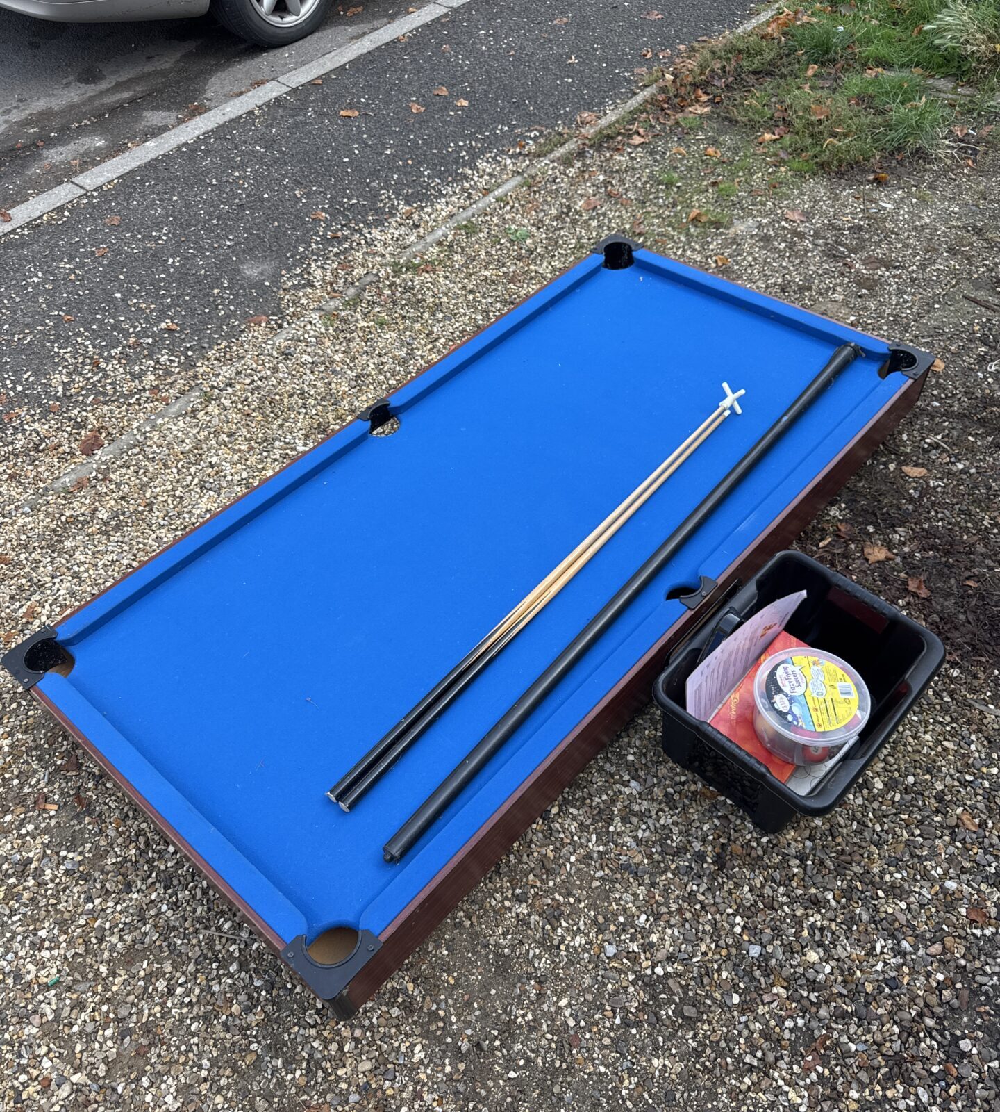 Snooker table 72” length  (legs present taped underneath) with cues, balls & chalk etc