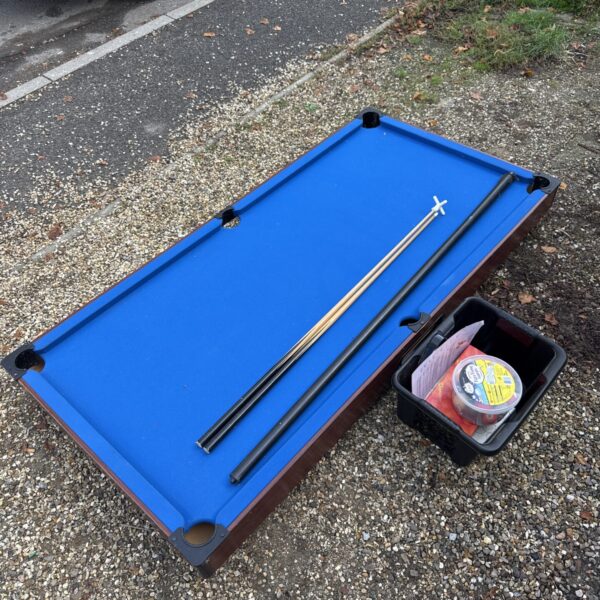 Snooker table 72” length  (legs present taped underneath) with cues, balls & chalk etc