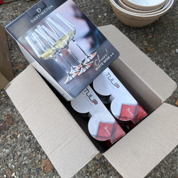 Four nova glassware tulip ice cream cups with four dartington wine glasses - all new