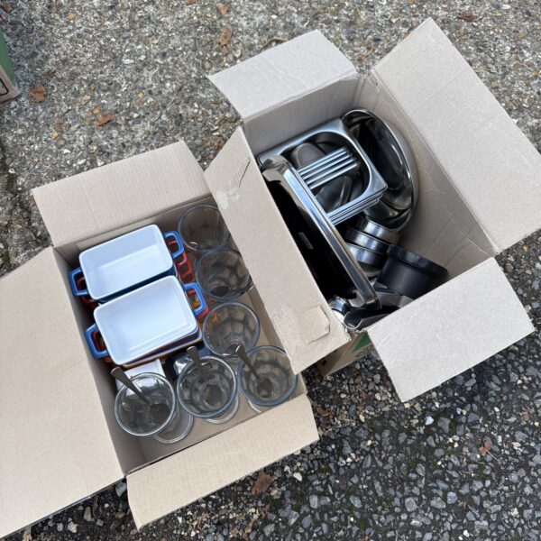 Two boxes of mixed kitchen items inc stainless steel, sundae glasses & small cooking trays
