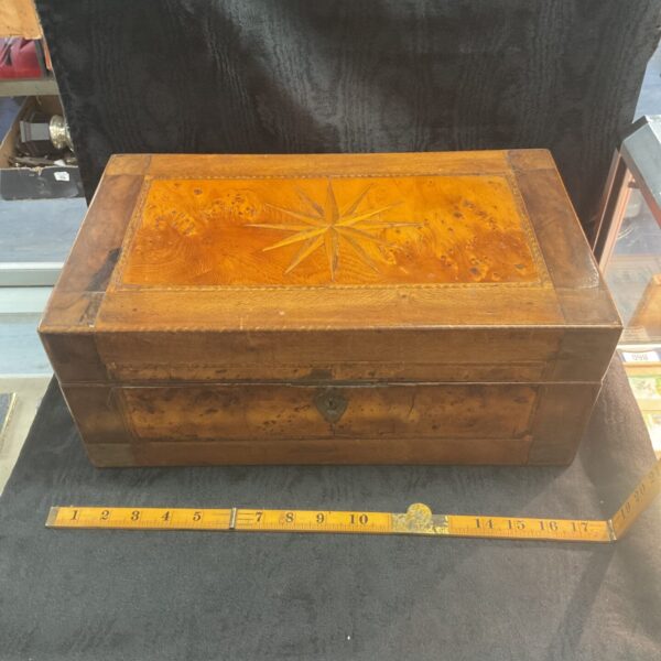 Antique mahogany writing box with marquetry inlay, front view.