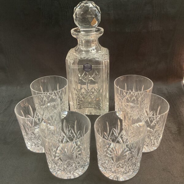 Stewart crystal decanter and six glasses set, vintage barware.