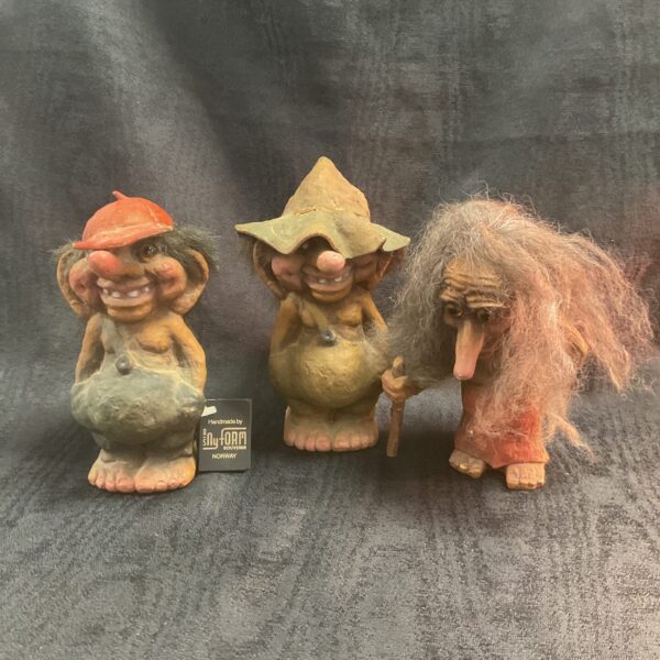 Group of three vintage Nyform Norwegian trolls, Scandinavian folk art.