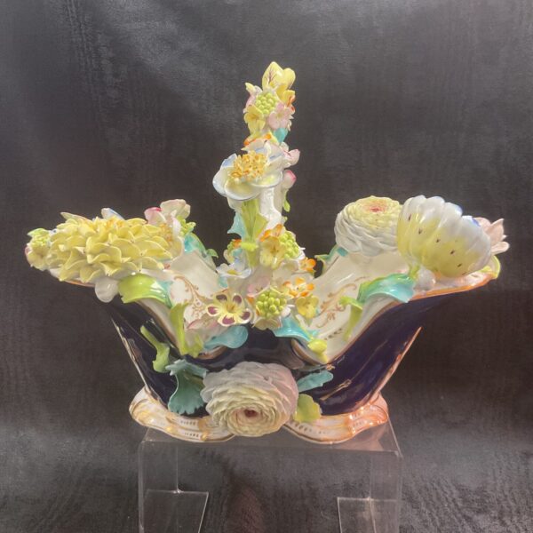 Antique Coalbrookdale porcelain floral dessert basket, detailed front view.