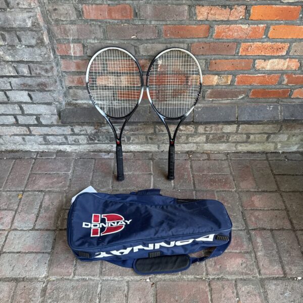 Vintage Donnay Meteor tennis rackets with bag, classic sports equipment.