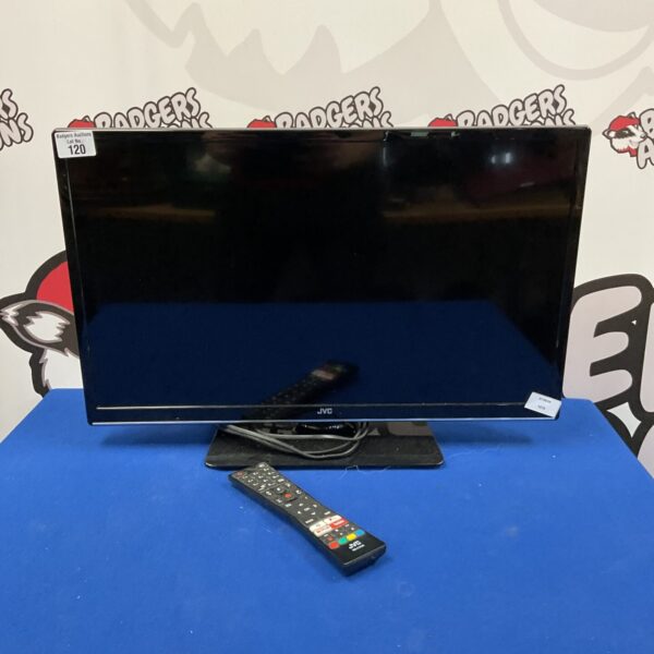 JVC 24 inch smart TV with remote control on display.