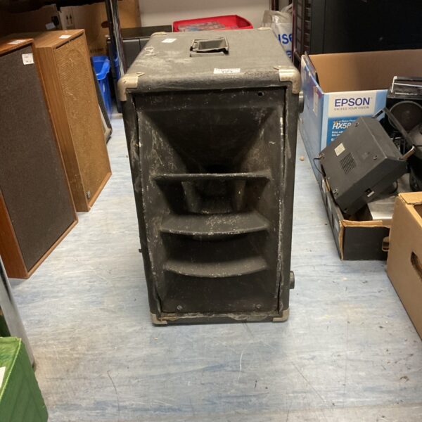 Large vintage horn speaker with wooden cabinet.