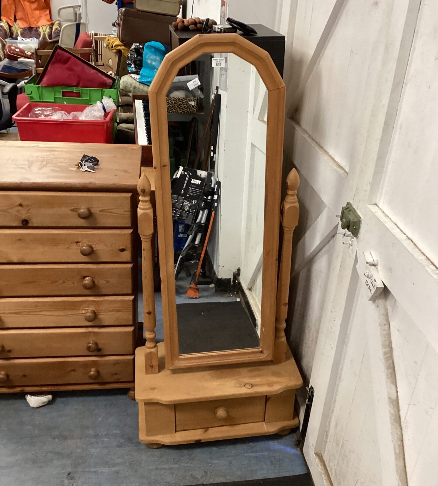 Pine bedroom full length mirror with drawer base