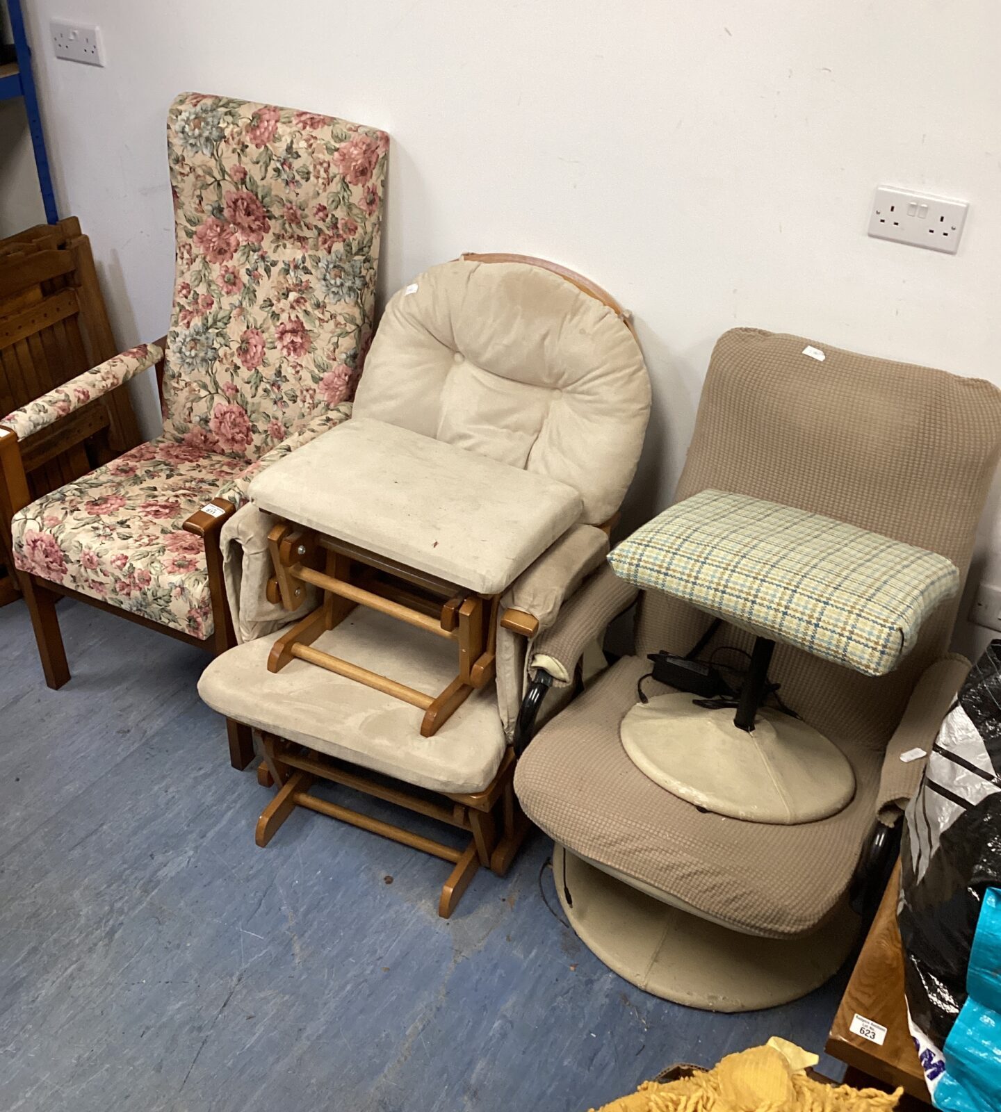 Three chairs inc floral patten armchair , homcom massage chair & rocking chair with footrest