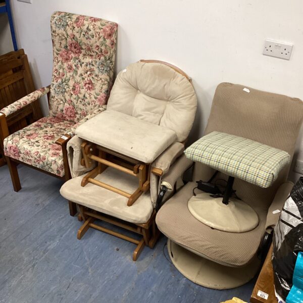 Three chairs inc floral patten armchair , homcom massage chair & rocking chair with footrest