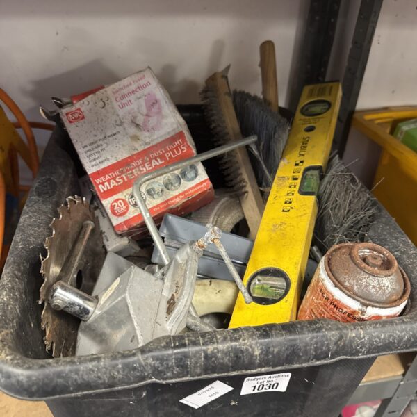Assorted rusty tools and hardware in a shed clearance lot.