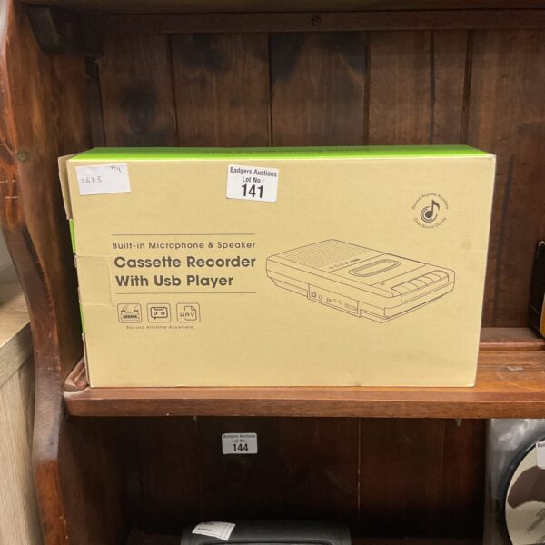 Vintage cassette recorder with USB player and built-in microphone.