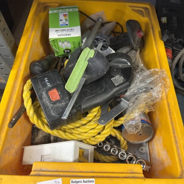 Assorted garden tools and hardware from a shed clearance lot.