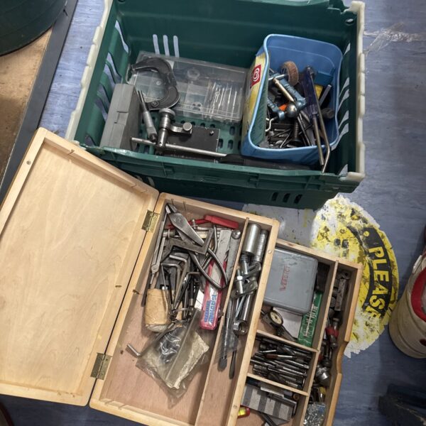 Two boxes of workshop clearance items inc tap/die set & others