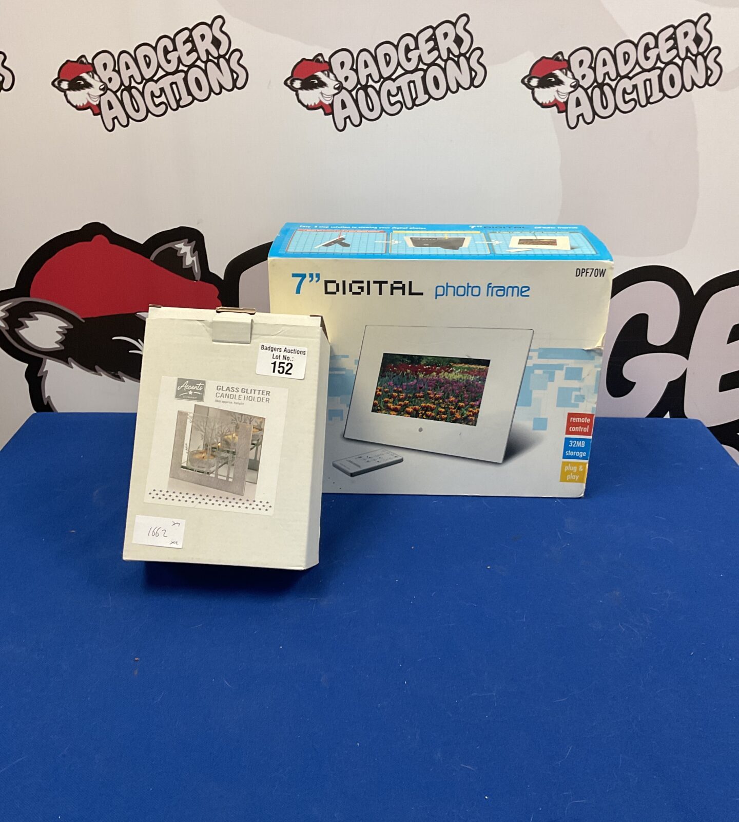 7” digital photo frame and glass glitter candle holder