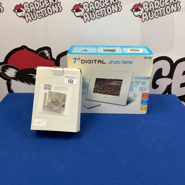 7” digital photo frame and glass glitter candle holder