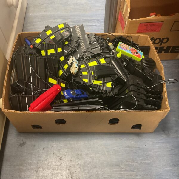 Box of mixed scalextric inc tracks and cars