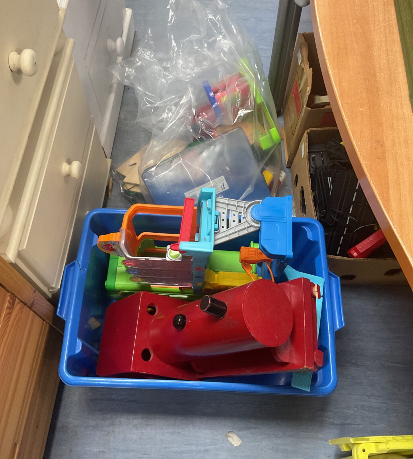 Two boxes of mixed children's toys inc vintage wooden train