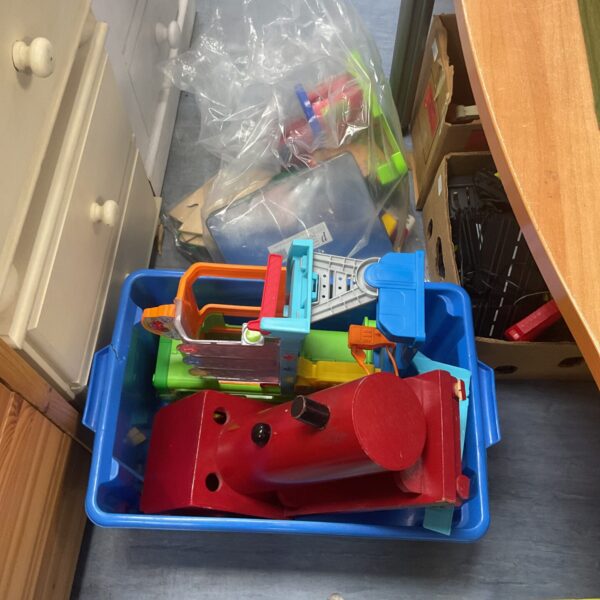 Two boxes of mixed children's toys inc vintage wooden train