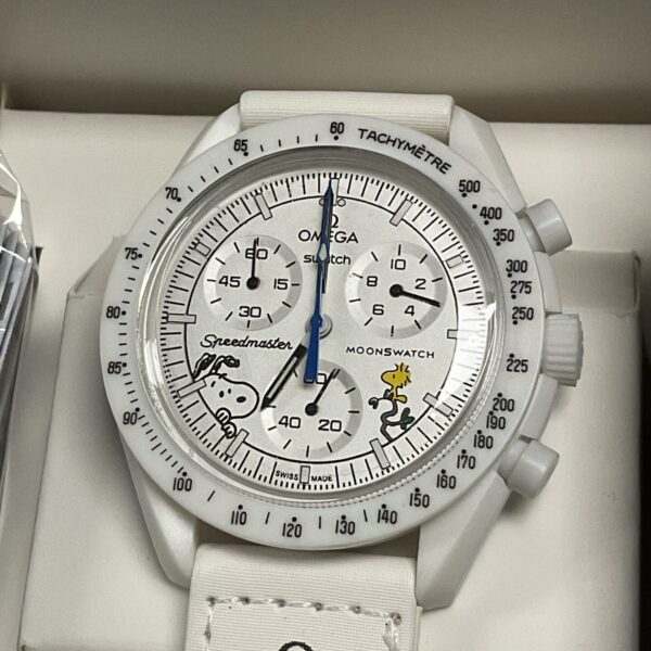 Front view of the white Omega Swatch MoonPhase bioceramic watch.