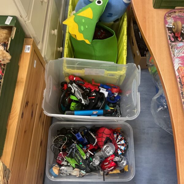 Three boxes full of mixed toys inc retro, marvel, dc and hasbro