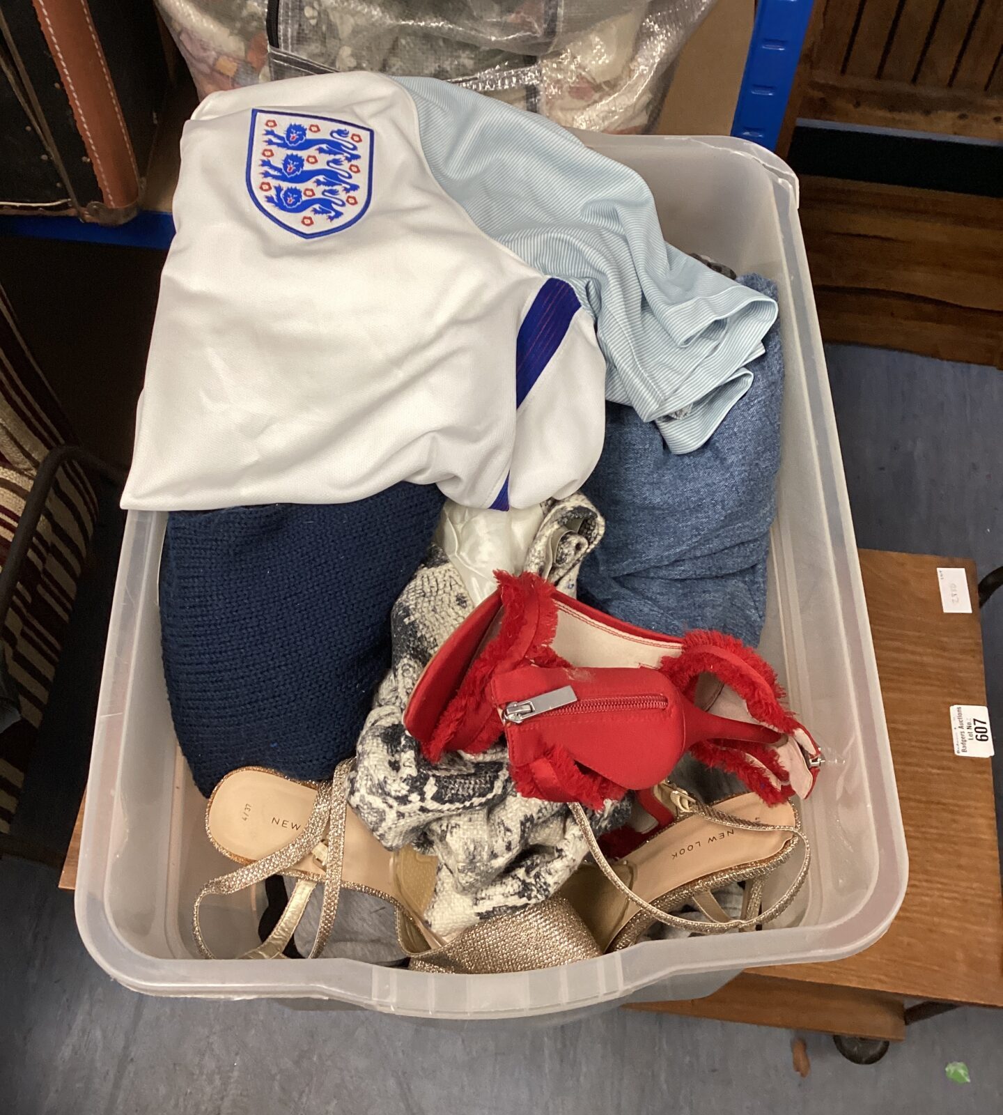 Box of mixed clothing inc england football shirt, topshop & new look shoes