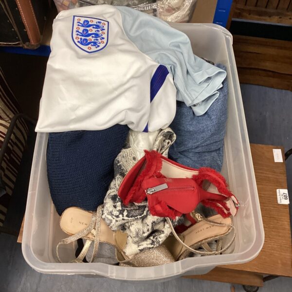 Box of mixed clothing inc england football shirt, topshop & new look shoes
