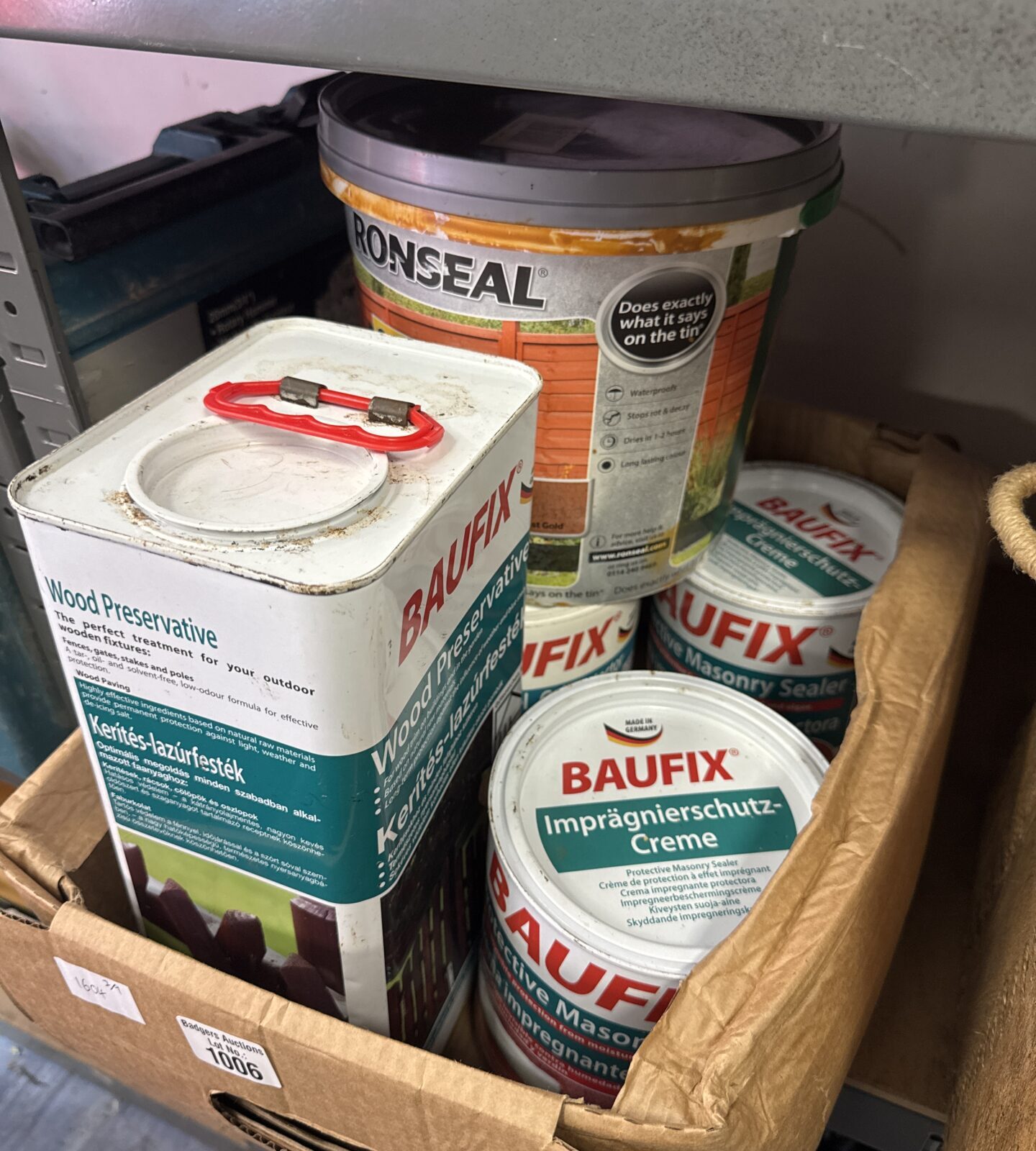 Three tins of baufix masonry sealer & gel protector with tin of wood preservative & part used tub of ronseal fence paint