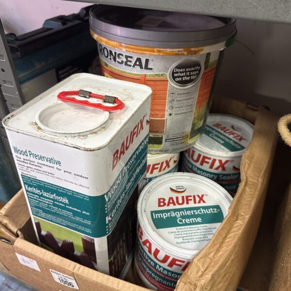 Three tins of baufix masonry sealer & gel protector with tin of wood preservative & part used tub of ronseal fence paint