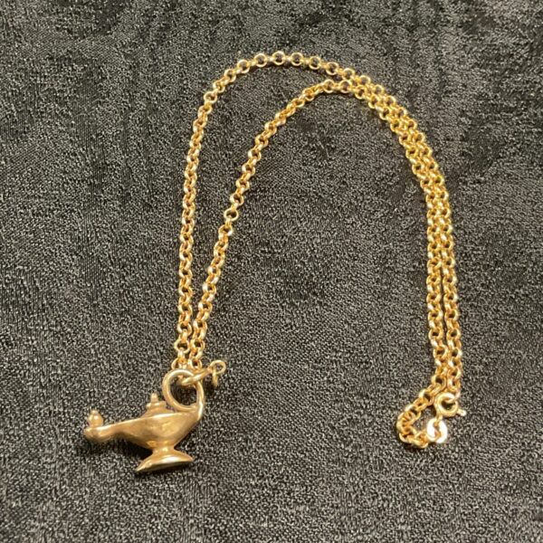 Hallmarked 9ct gold oil lamp pendant on a gold chain.