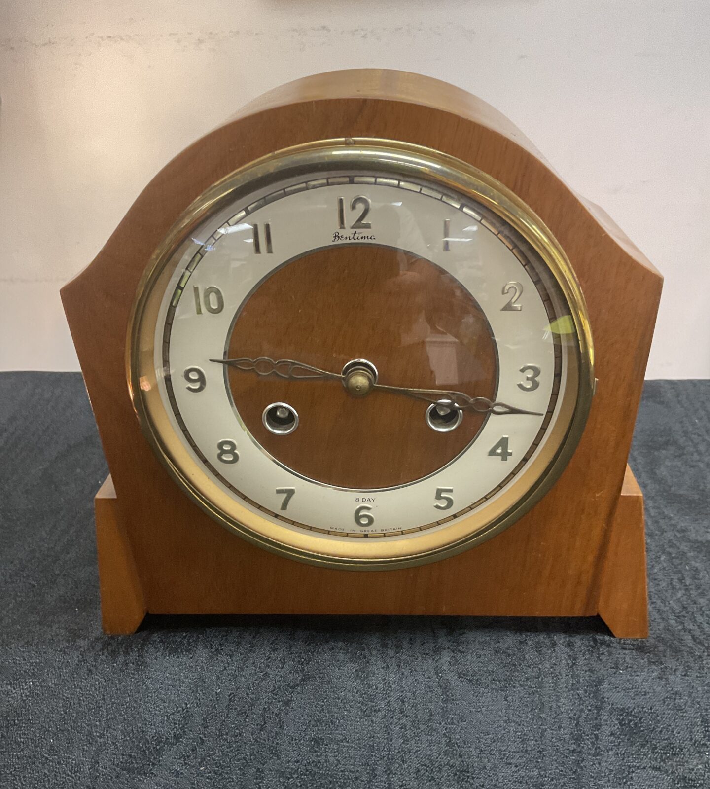 Bentima art deco eight day striking mantle clock made in Great Britain circa 1935 good working order with Key