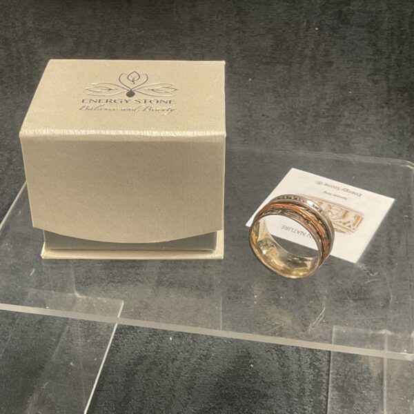 Energy Stone 925 silver ring with double tree spinner design.