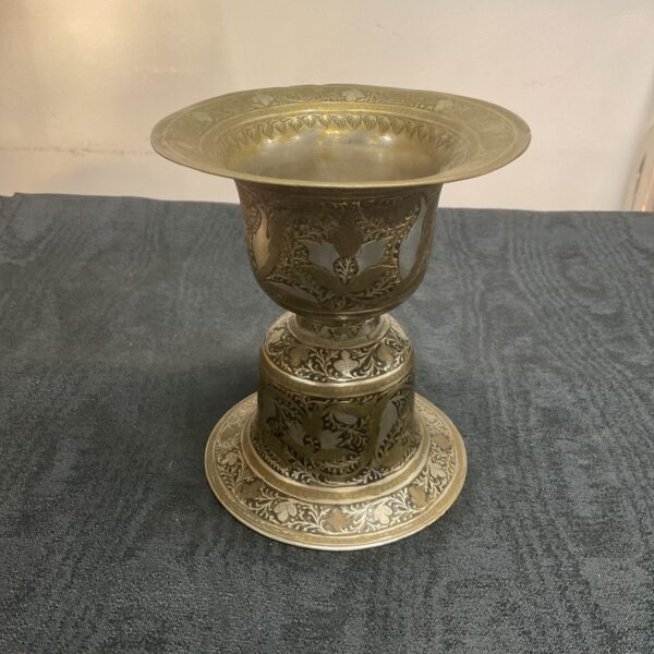 Antique Persian engraved bronze and silver mortar decorated with folio freiezes 16 cm high 14 cm diameter
