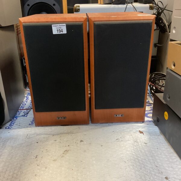 Pair of vintage AE Aegis One loudspeakers for hi-fi audio.
