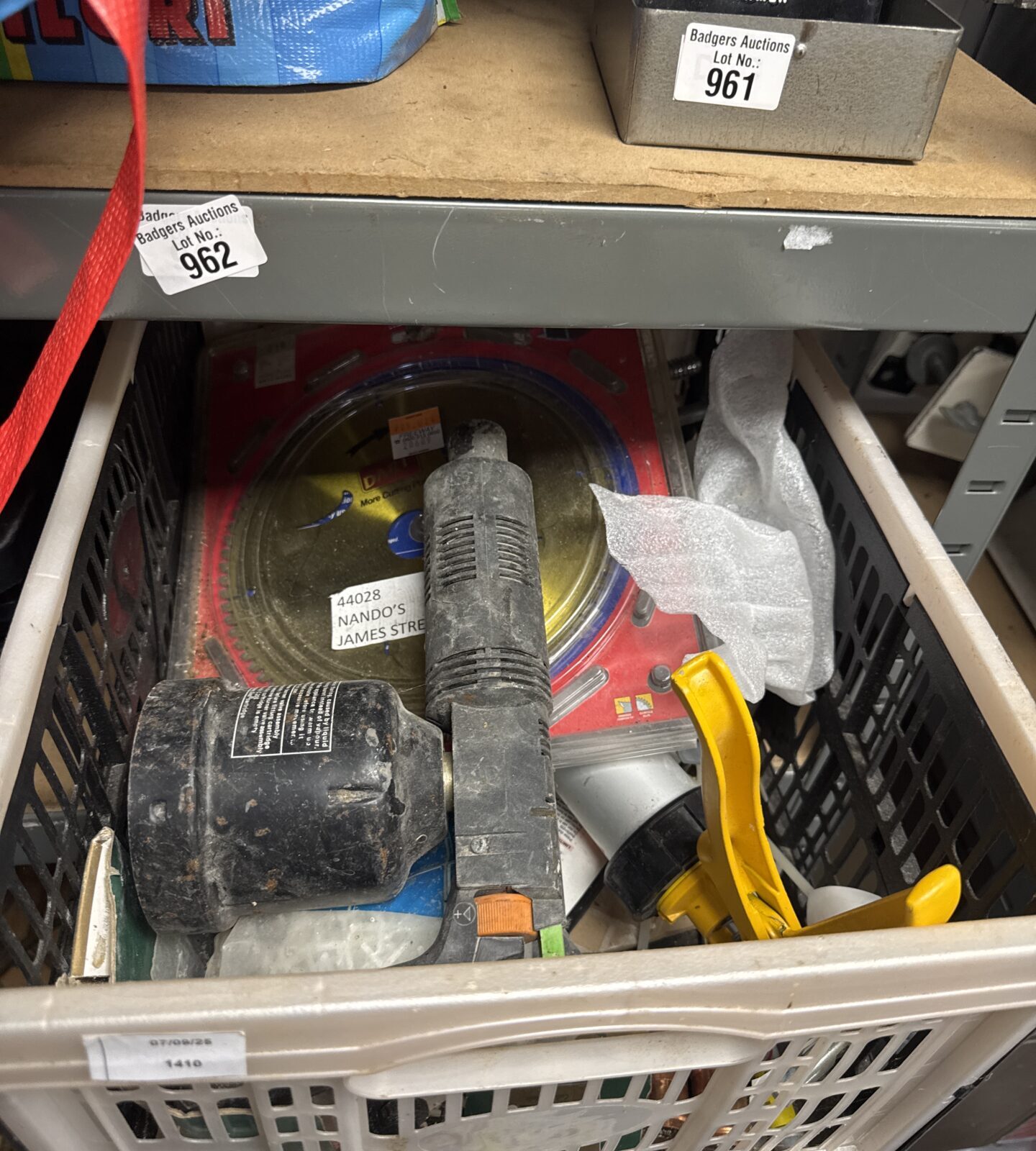 Box of shed clearance items inc large saw blade