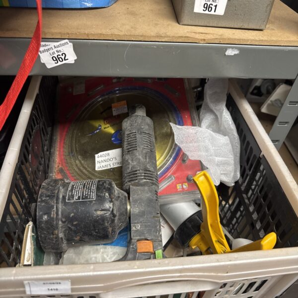Box of shed clearance items inc large saw blade
