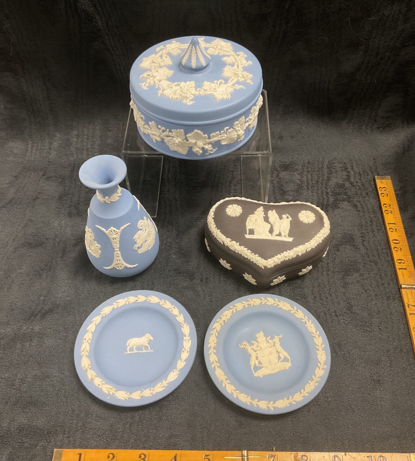 Five Wedgewood Blue and Black Jasperware Two pots a vase and two dishes