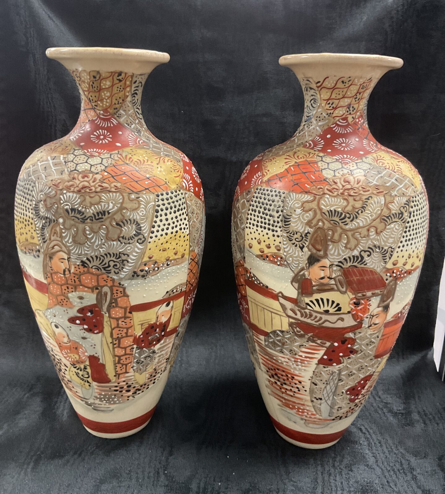 Pair of Circa 1900 Meiji Japanese Hand Decorated Stsuma Vases 14.5” High