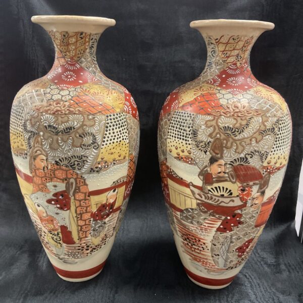 Pair of Circa 1900 Meiji Japanese Hand Decorated Stsuma Vases 14.5” High