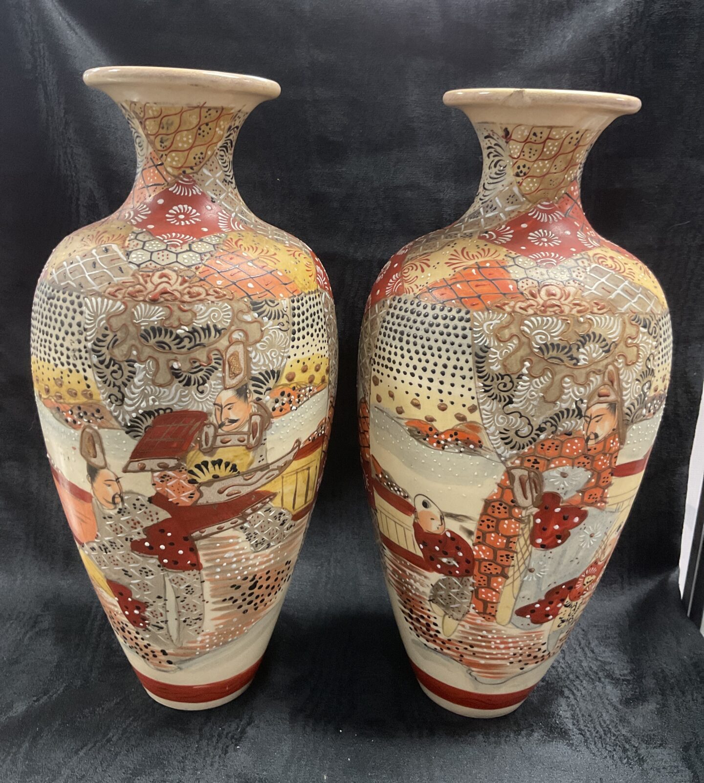 Pair of Circa 1900 Meiji Japanese Hand Decorated Stsuma Vases 14.5” High - Image 2