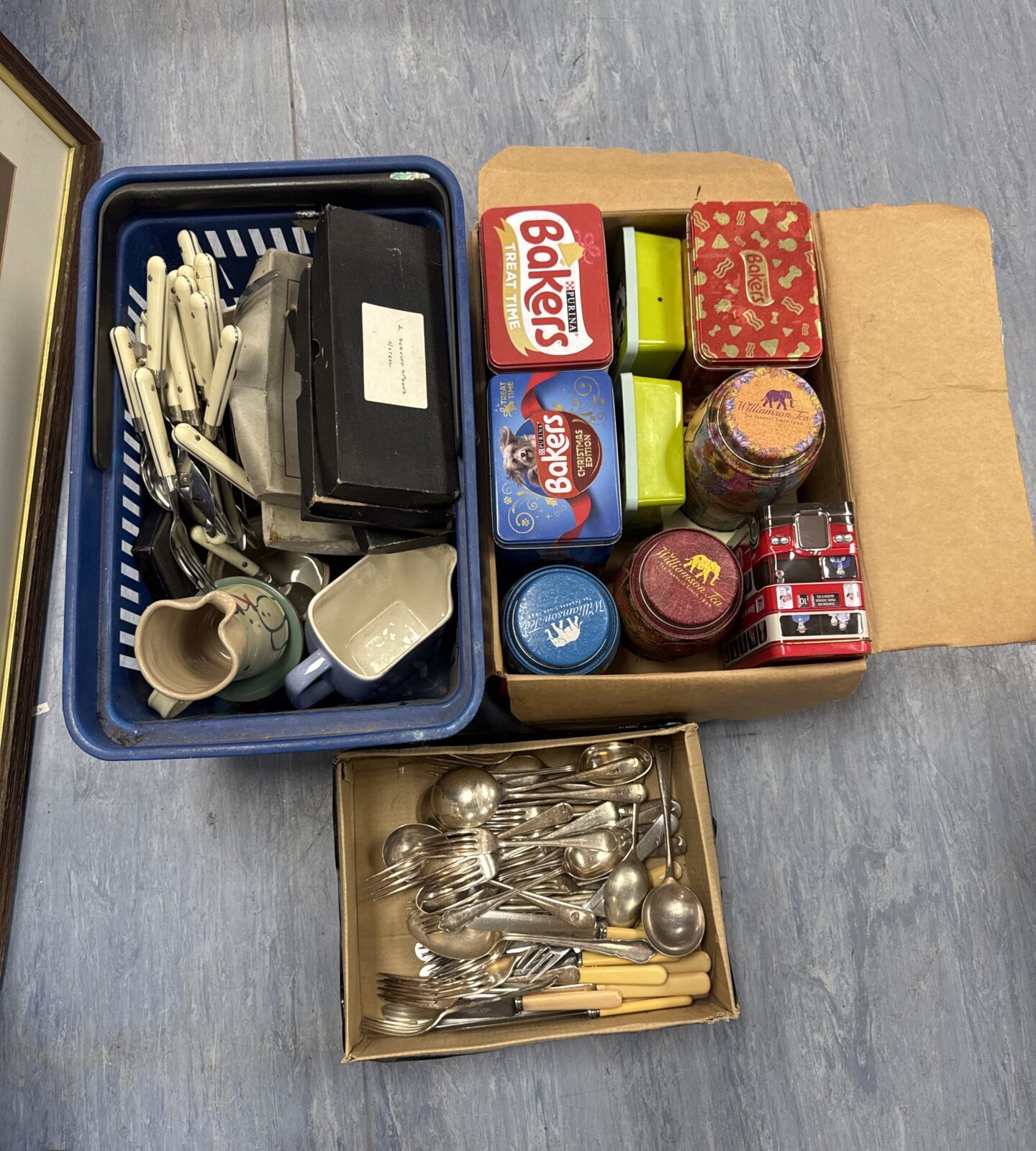Three boxes of house clearance items inc vintage cutlery & storage tins