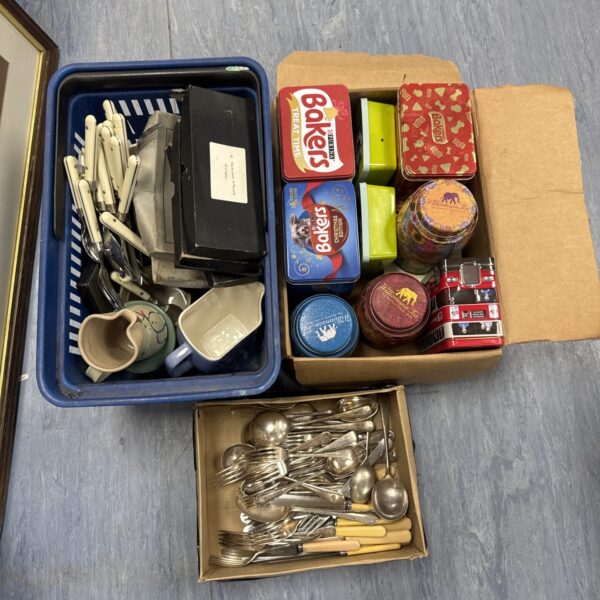 Three boxes of house clearance items inc vintage cutlery & storage tins