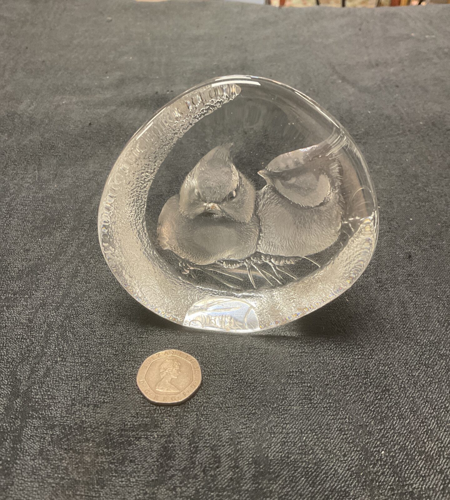 Mat Jonasson Sweden etched lead crystal paperweight signed and numbered blue tits scarce