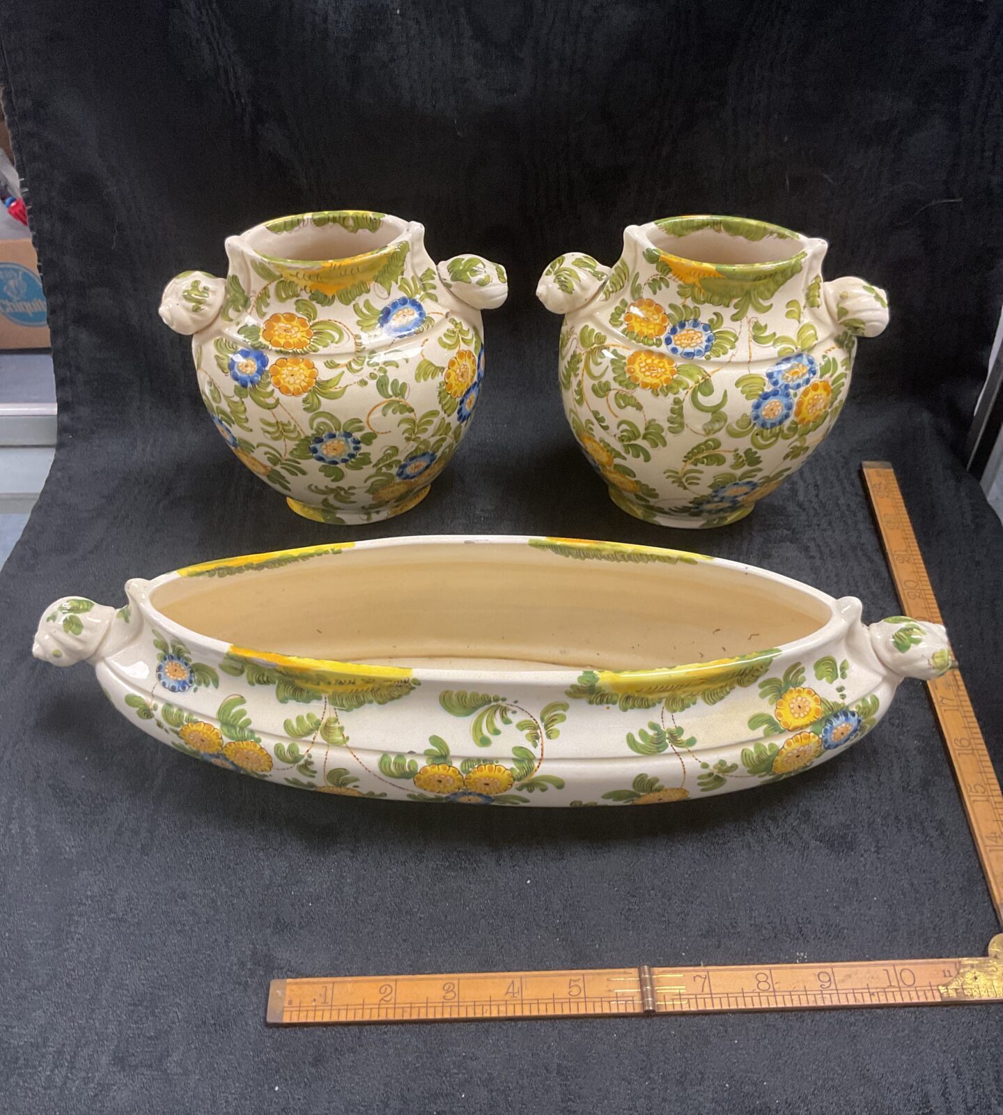 Two Majolica Vases and Trough Vase with snail handles in Cantagalli style Signed to base circa 1910